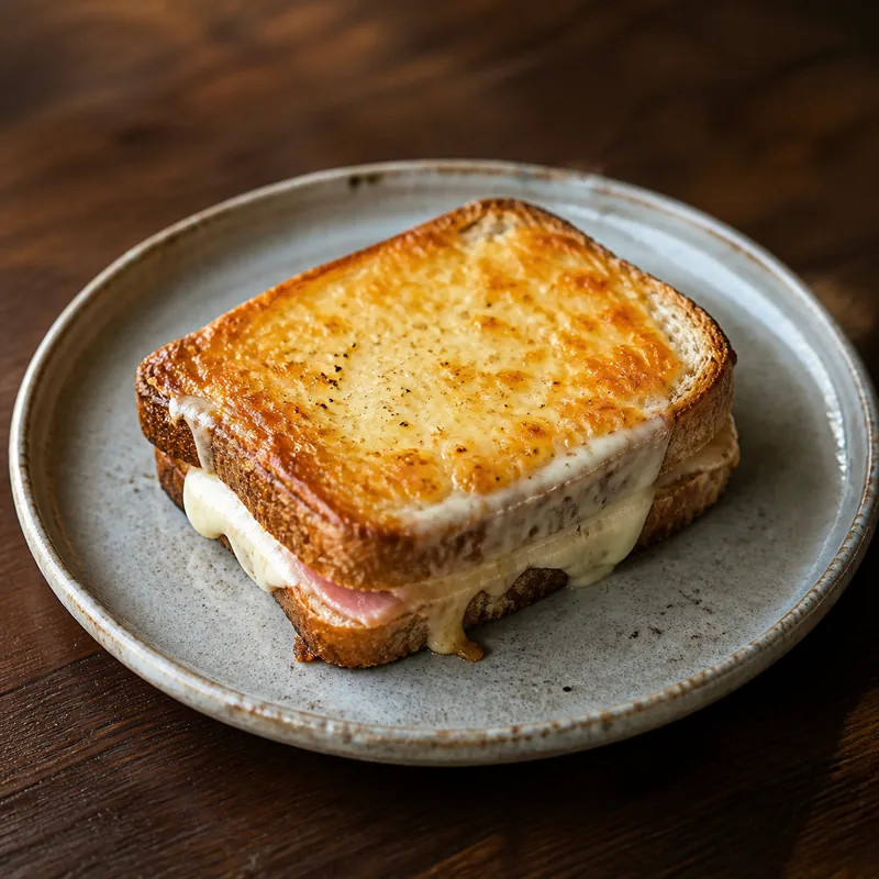 皿に盛られた、チーズに焼き色のついたハムのホットサンド